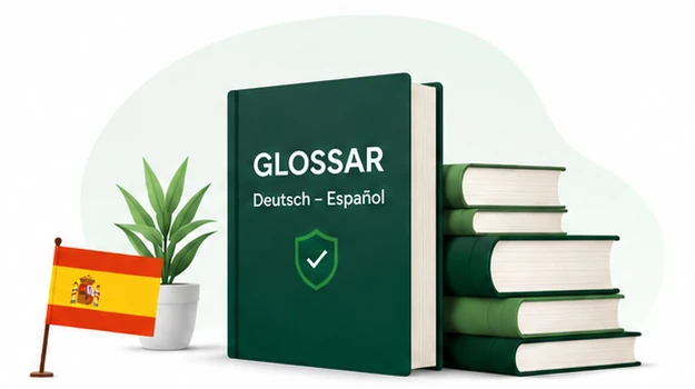 Versicherungs-Glossar Deutsch Spanisch mit Büchern und spanischer Flagge